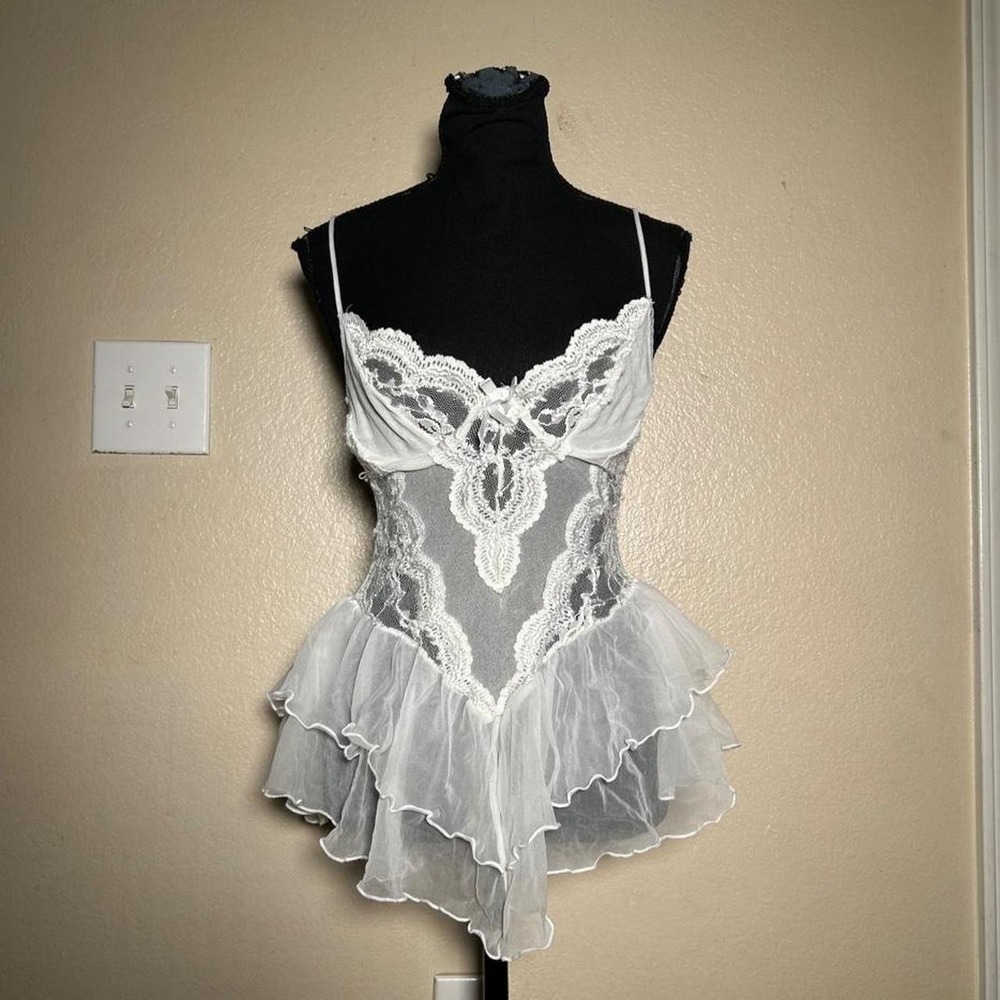 Escante Vintage 90s White Lace Ruffle Sheer Lingerie Babydoll Dress Large